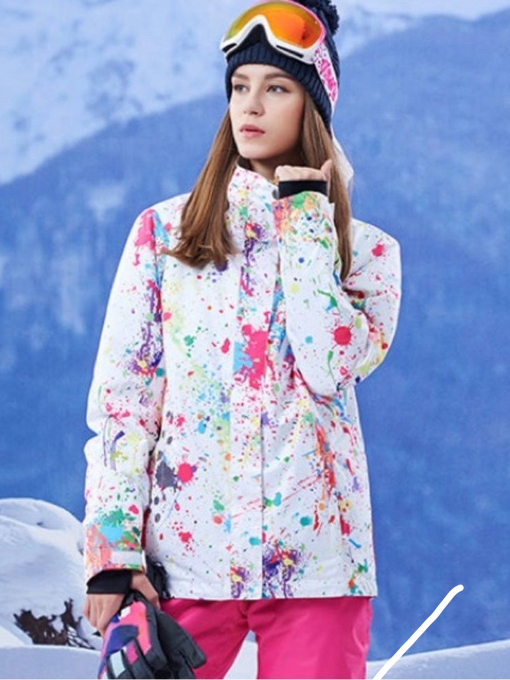 White Multicolor Paint-Splash Ski Jacket